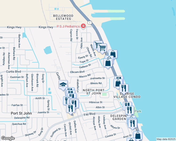 map of restaurants, bars, coffee shops, grocery stores, and more near 988 Elkcam Boulevard in Cocoa