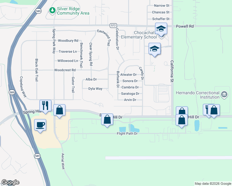 map of restaurants, bars, coffee shops, grocery stores, and more near 15273 Burbank Drive in Spring Hill