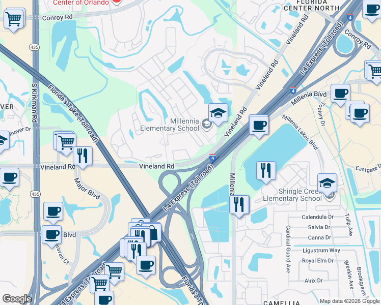 map of restaurants, bars, coffee shops, grocery stores, and more near 5343 Vineland Road in Orlando