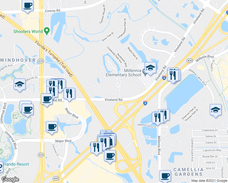 map of restaurants, bars, coffee shops, grocery stores, and more near 5421 Vineland Road in Orlando