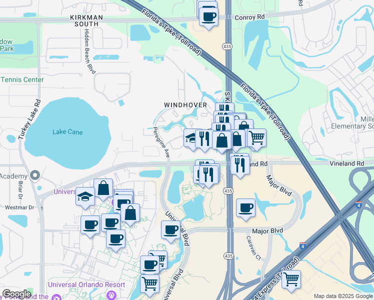 map of restaurants, bars, coffee shops, grocery stores, and more near 5979 Vineland Road in Orlando