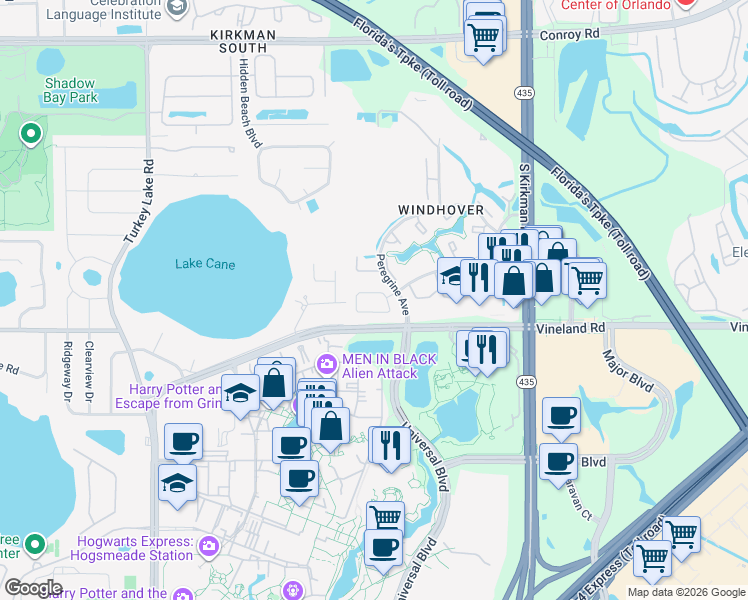 map of restaurants, bars, coffee shops, grocery stores, and more near 6149 Sandcrest Circle in Orlando