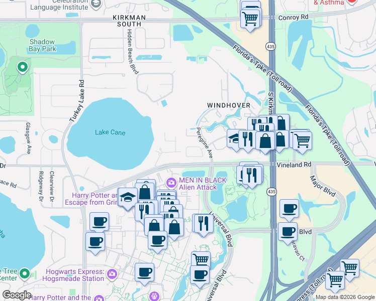map of restaurants, bars, coffee shops, grocery stores, and more near 6202 Sandcrest Circle in Orlando