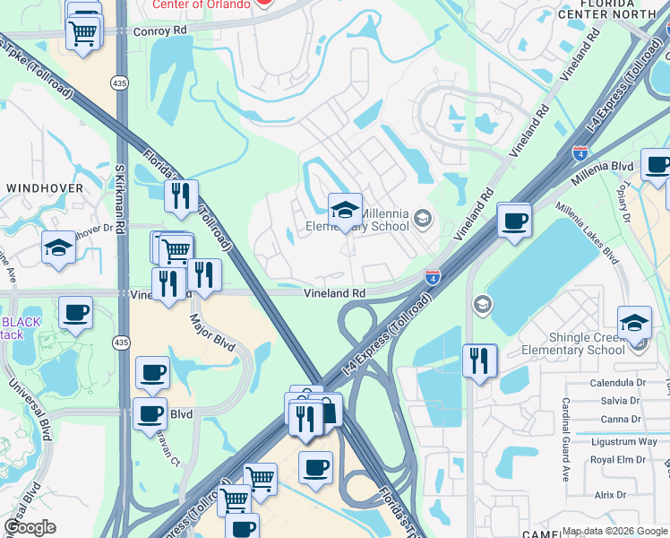 map of restaurants, bars, coffee shops, grocery stores, and more near 5421 Vineland Road in Orlando