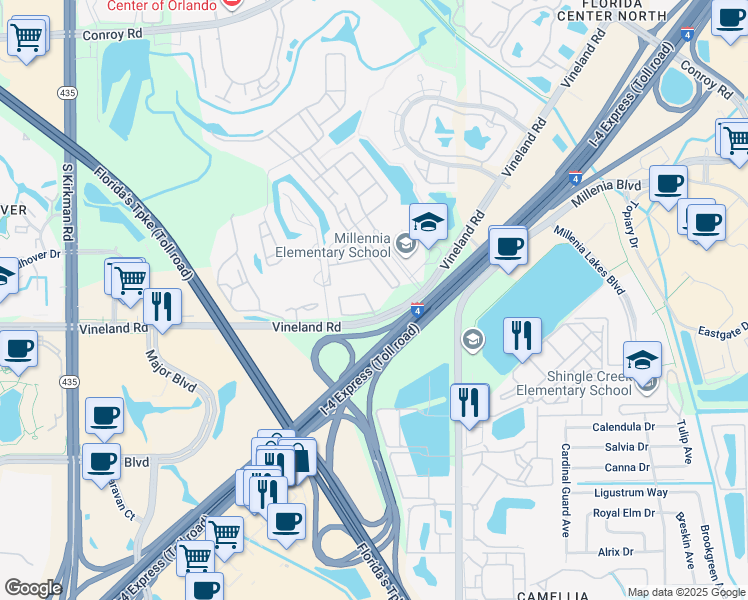 map of restaurants, bars, coffee shops, grocery stores, and more near 5343 Vineland Road in Orlando