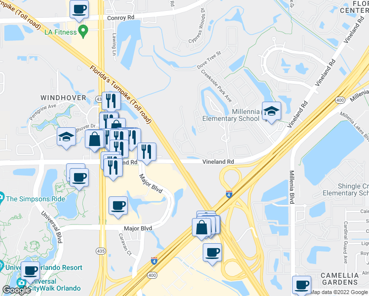 map of restaurants, bars, coffee shops, grocery stores, and more near 5483 Vineland Road in Orlando