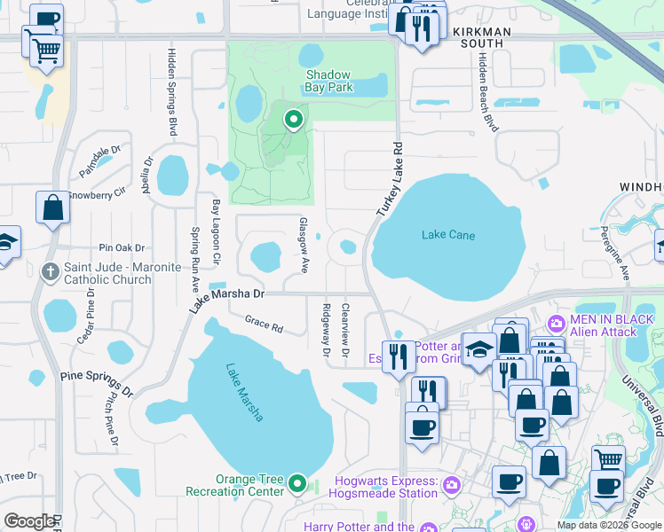 map of restaurants, bars, coffee shops, grocery stores, and more near 5507 Ridgeway Drive in Orlando