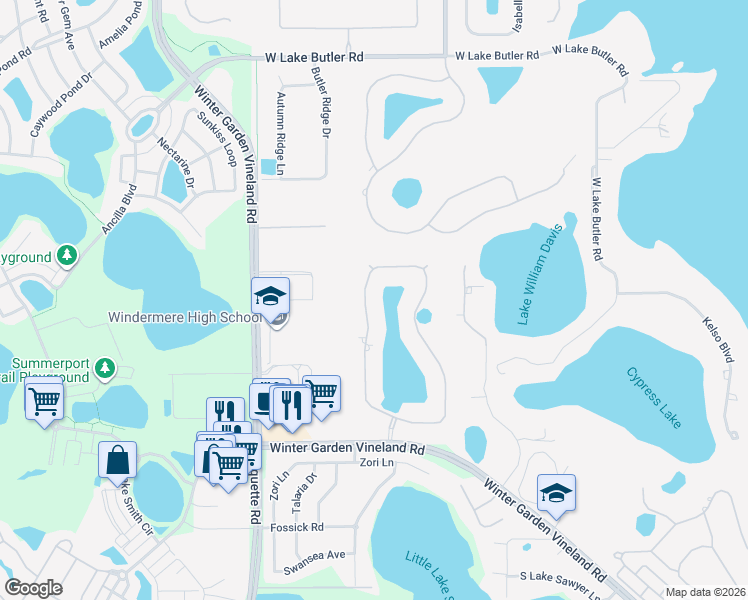 map of restaurants, bars, coffee shops, grocery stores, and more near 5620 Oxford Moor Boulevard in Windermere