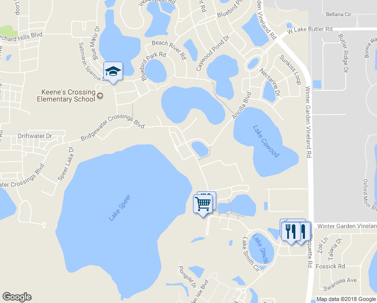 map of restaurants, bars, coffee shops, grocery stores, and more near 14022 Bridgewater Crossings Boulevard in Windermere