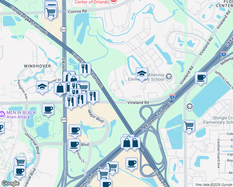 map of restaurants, bars, coffee shops, grocery stores, and more near 5483 Vineland Road in Orlando