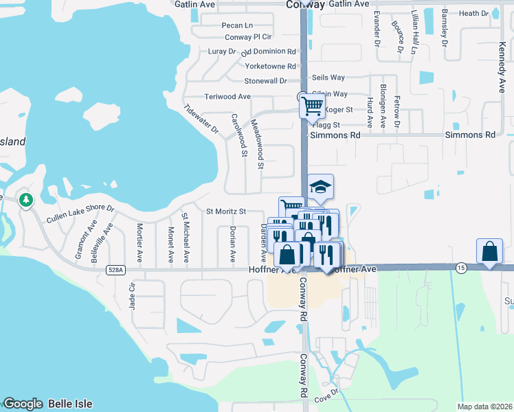 map of restaurants, bars, coffee shops, grocery stores, and more near 3733 St Moritz St in Belle Isle
