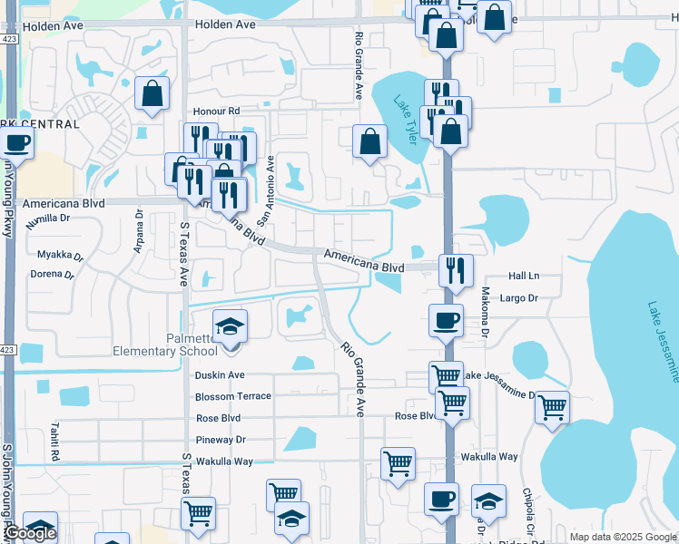 map of restaurants, bars, coffee shops, grocery stores, and more near 1776 Americana Boulevard in Orlando