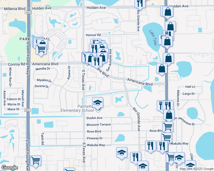 map of restaurants, bars, coffee shops, grocery stores, and more near 5301 Esplanade Park Circle in Orlando