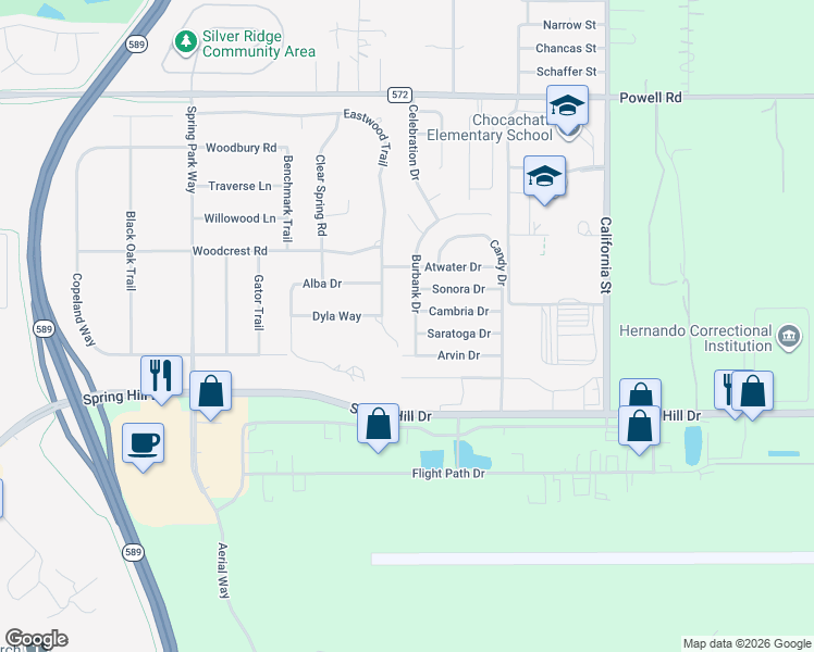 map of restaurants, bars, coffee shops, grocery stores, and more near 15281 Burbank Drive in Brooksville