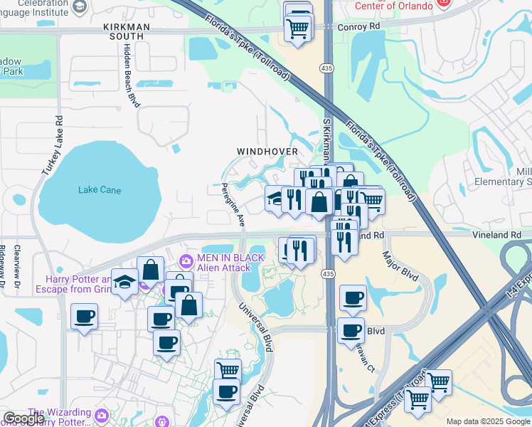 map of restaurants, bars, coffee shops, grocery stores, and more near 5974 Windhover Drive in Orlando