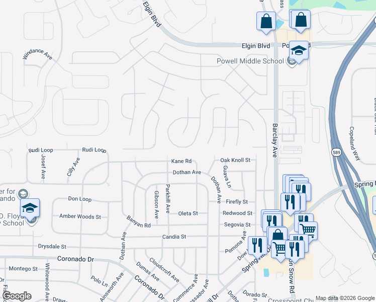 map of restaurants, bars, coffee shops, grocery stores, and more near 14059 Kane Road in Spring Hill