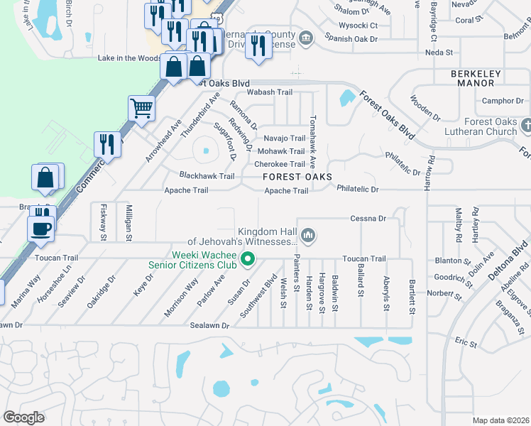 map of restaurants, bars, coffee shops, grocery stores, and more near 3360 Memory Lane in Spring Hill