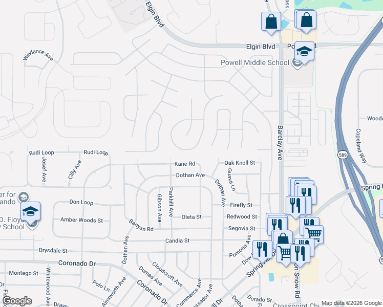 map of restaurants, bars, coffee shops, grocery stores, and more near 14059 Kane Road in Spring Hill