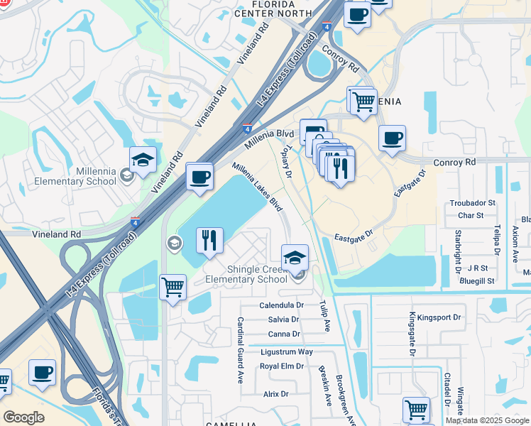 map of restaurants, bars, coffee shops, grocery stores, and more near 5450 Millenia Lakes Boulevard in Orlando