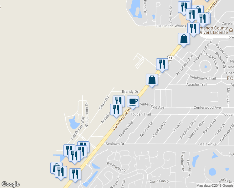map of restaurants, bars, coffee shops, grocery stores, and more near 6428 Brandy Drive in Spring Hill