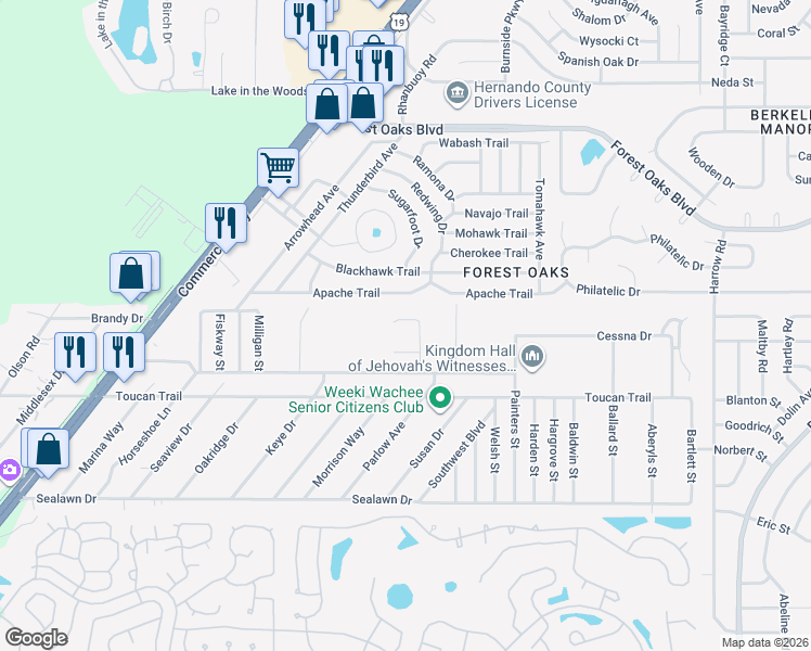 map of restaurants, bars, coffee shops, grocery stores, and more near 3399 Mission Way Drive in Spring Hill