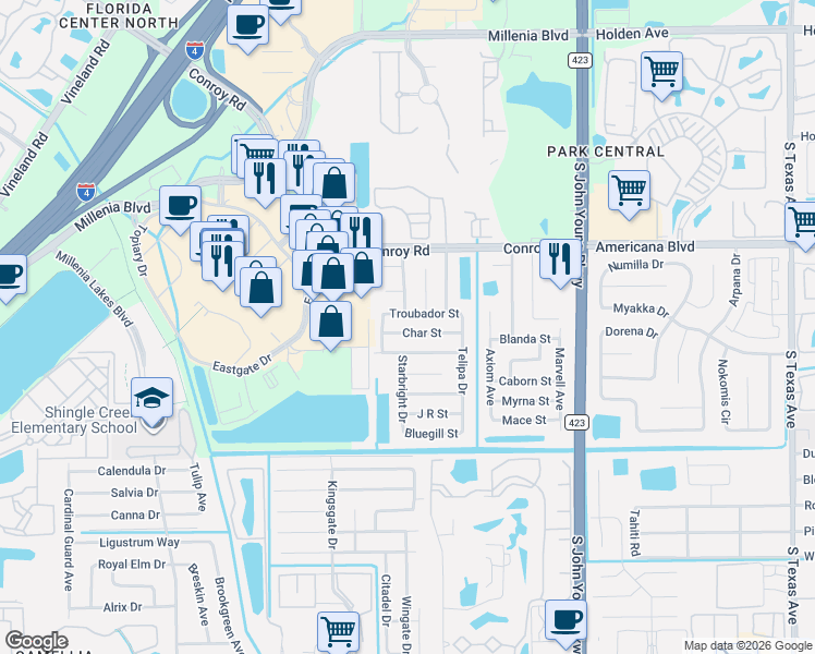 map of restaurants, bars, coffee shops, grocery stores, and more near 2605 Shrimp Street in Orlando