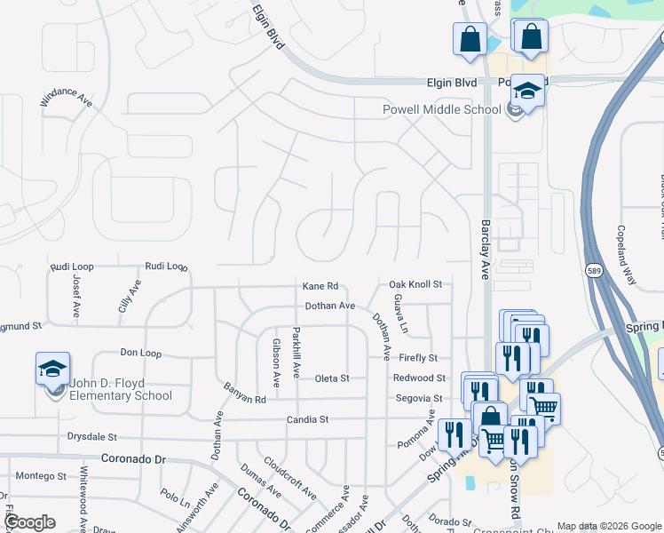 map of restaurants, bars, coffee shops, grocery stores, and more near 3362 Cedar Crest Loop in Spring Hill