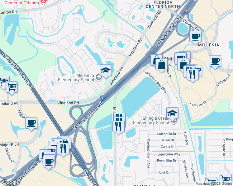 map of restaurants, bars, coffee shops, grocery stores, and more near Shingle Creek Trail in Orlando