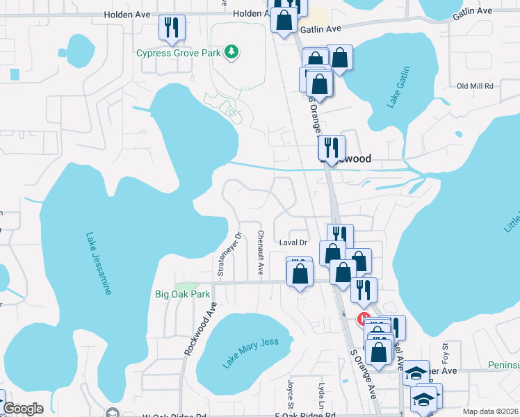 map of restaurants, bars, coffee shops, grocery stores, and more near 5 Kepner Street in Orlando