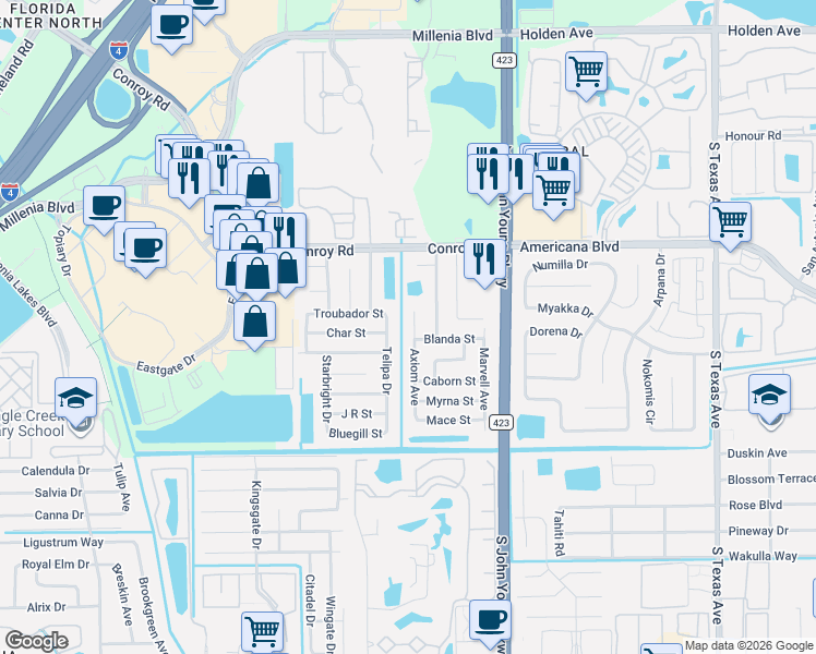 map of restaurants, bars, coffee shops, grocery stores, and more near 5504 Axiom Avenue in Orlando