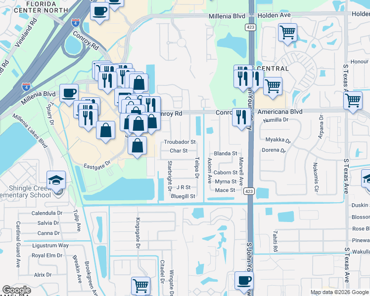 map of restaurants, bars, coffee shops, grocery stores, and more near 2527 Shrimp Street in Orlando