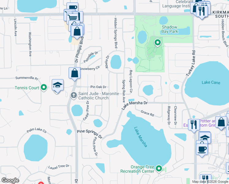 map of restaurants, bars, coffee shops, grocery stores, and more near 5612 Baybrook Avenue in Orlando