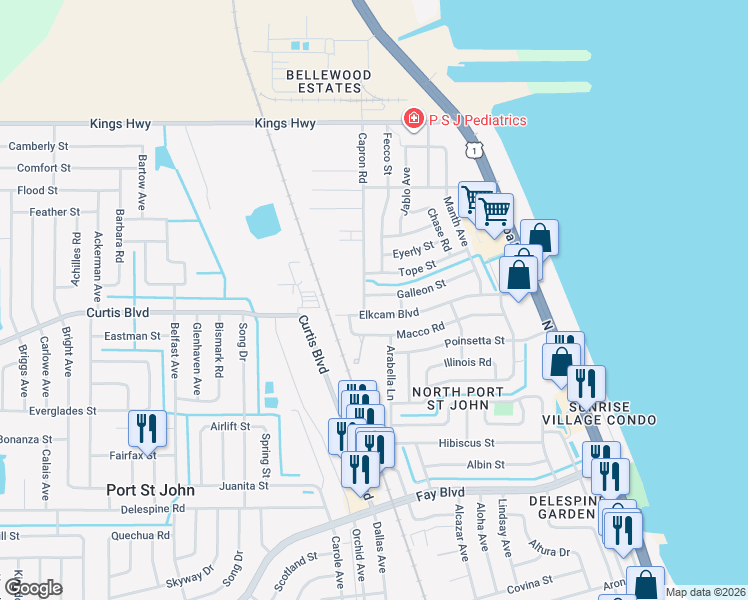map of restaurants, bars, coffee shops, grocery stores, and more near 905 Galleon Street in Cocoa