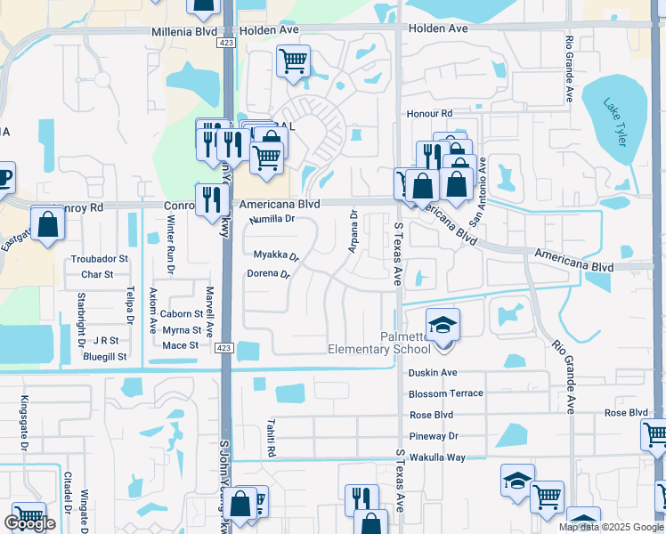 map of restaurants, bars, coffee shops, grocery stores, and more near 5413 Arpana Drive in Orlando
