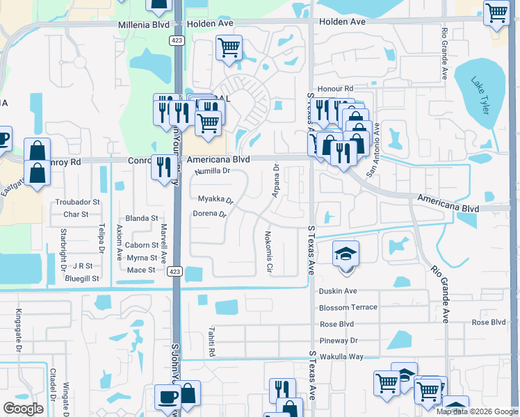 map of restaurants, bars, coffee shops, grocery stores, and more near 5413 Arpana Drive in Orlando