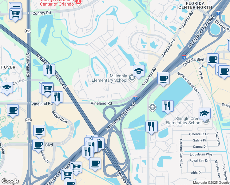 map of restaurants, bars, coffee shops, grocery stores, and more near 5273 Vineland Road in Orlando