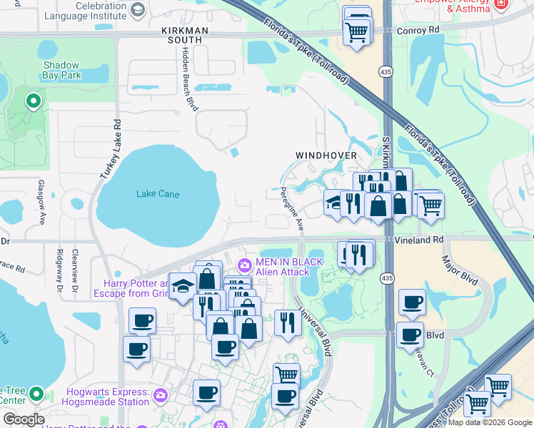 map of restaurants, bars, coffee shops, grocery stores, and more near 6202 Sandcrest Circle in Orlando