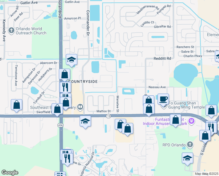 map of restaurants, bars, coffee shops, grocery stores, and more near Branch Drive in Orlando