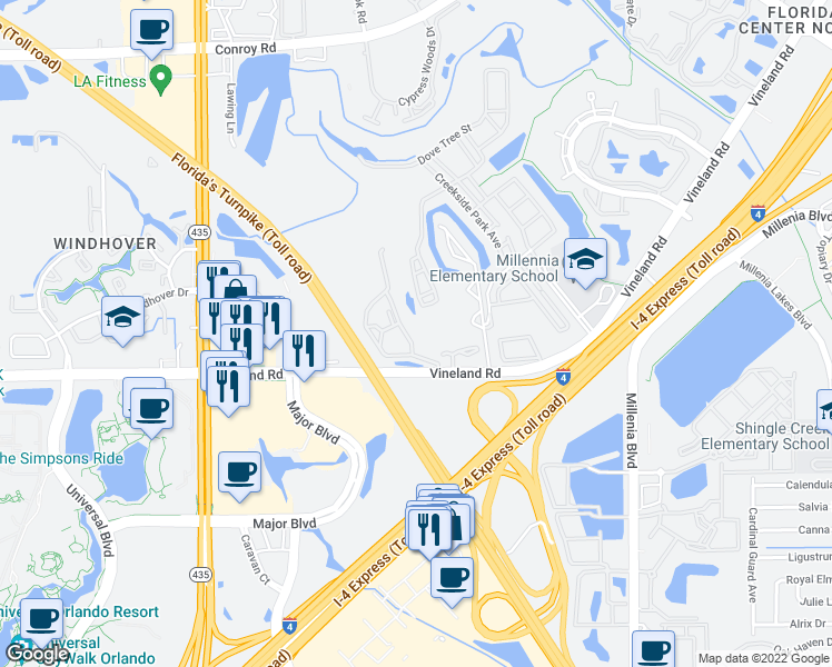 map of restaurants, bars, coffee shops, grocery stores, and more near 5373 Vineland Road in Orlando