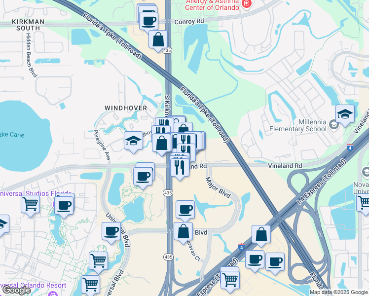 map of restaurants, bars, coffee shops, grocery stores, and more near 5701 Vineland Road in Orlando