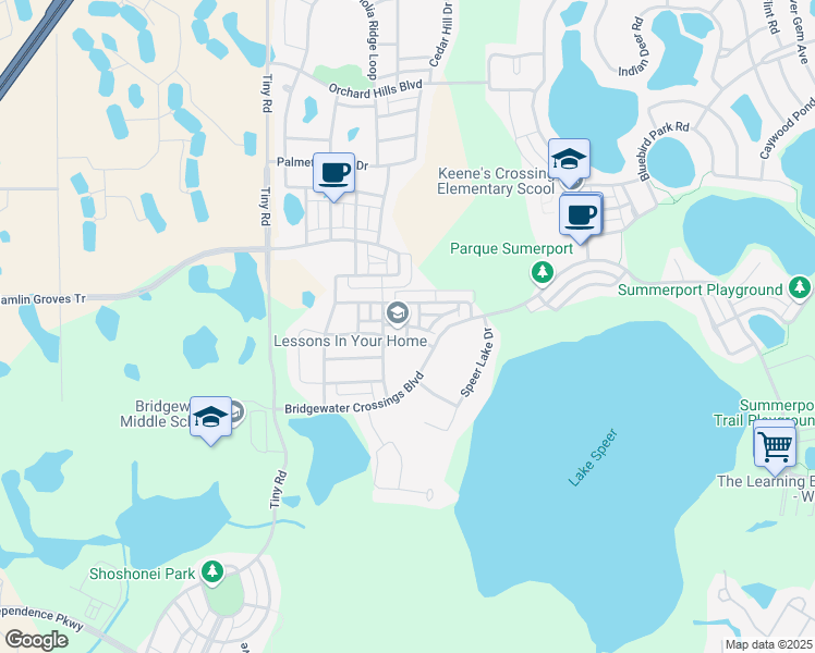 map of restaurants, bars, coffee shops, grocery stores, and more near Water Rose Road in Winter Garden