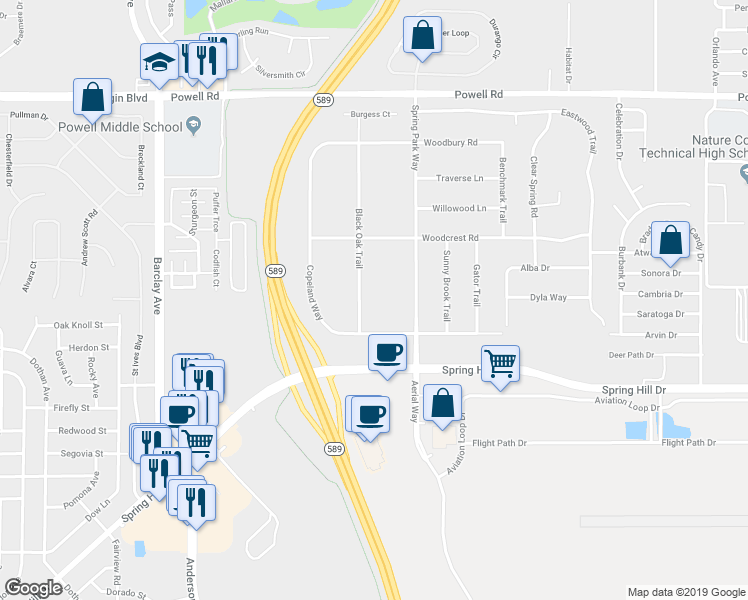 map of restaurants, bars, coffee shops, grocery stores, and more near 3368 Black Oak Trail in Brooksville