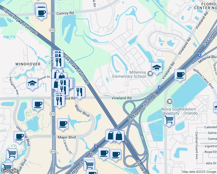 map of restaurants, bars, coffee shops, grocery stores, and more near 4993 Southlawn Avenue in Orlando