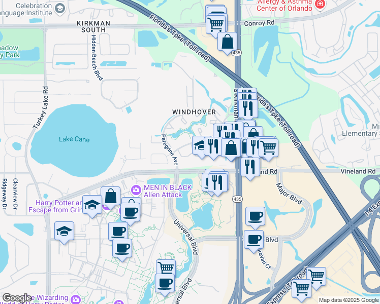 map of restaurants, bars, coffee shops, grocery stores, and more near 6061 Windhover Drive in Orlando