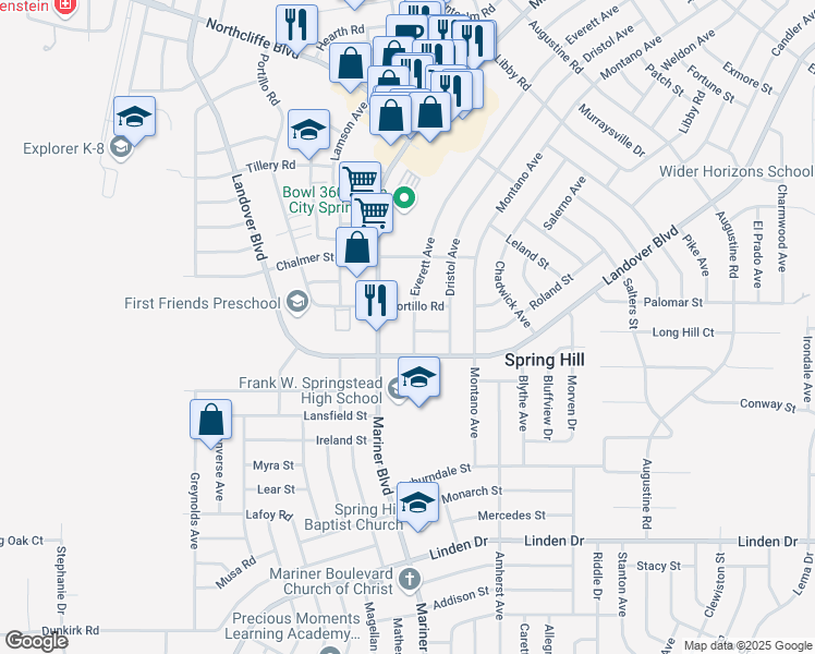 map of restaurants, bars, coffee shops, grocery stores, and more near 3386 Everett Avenue in Spring Hill
