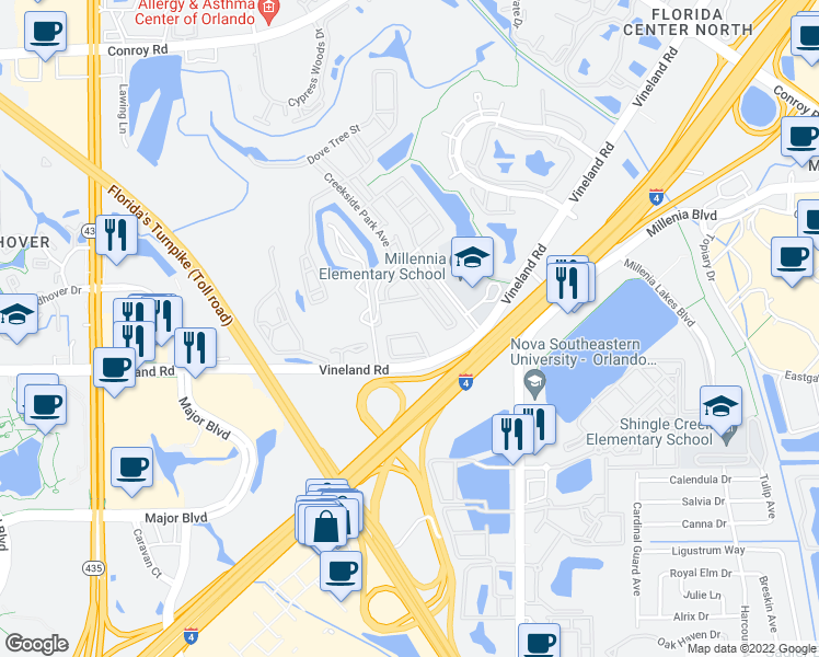 map of restaurants, bars, coffee shops, grocery stores, and more near 5195 Vineland Road in Orlando