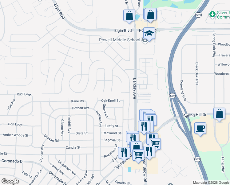 map of restaurants, bars, coffee shops, grocery stores, and more near 14248 Cascora Court in Spring Hill