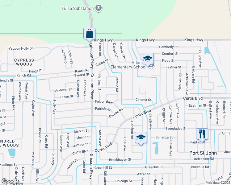 map of restaurants, bars, coffee shops, grocery stores, and more near 7165 Camilo Road in Cocoa