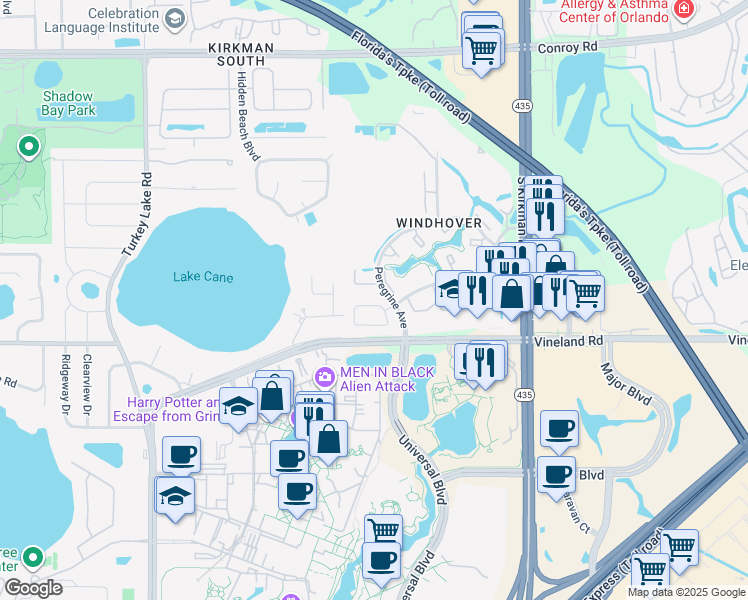 map of restaurants, bars, coffee shops, grocery stores, and more near 6274 Sandcrest Circle in Orlando