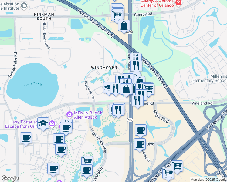 map of restaurants, bars, coffee shops, grocery stores, and more near 5848 Windhover Drive in Orlando